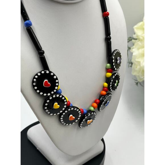 Parrot Pearls Brand Black Ceramic Colorful Multicolor Hearts Unique Necklace - Picture 6 of 11